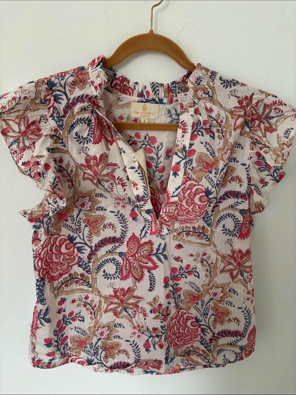 Perry Walker Pink Floral Ruffle Sleeve Blouse